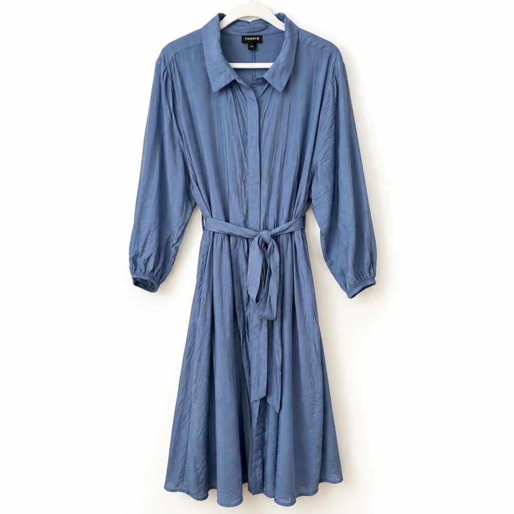 Torrid Blue Horizon Hammered Rayon Midi Button Front Shirt Dress 4X 26 NEW